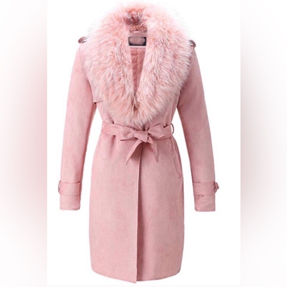 Suede Trench w Faux Fur Collar - Picture 1 of 4